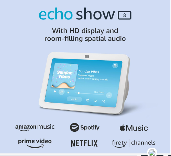 amazon echo show 8 (newest model) with spatial audio, smart home hub and elexa glacier white
