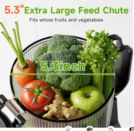 cold press juicer, 5.3 wide feed chute juice extractor machine with 400w, high juice yield, slow masticating juicer for whole vegetables & fruits