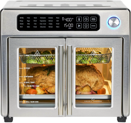 emeril lagasse extra large french door air fryer toaster oven combo, 24 cooking functions and digital controls, 7 accessories included, stainless steel finish, 26qt capacity