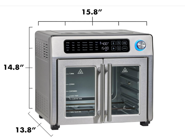 emeril lagasse extra large french door air fryer toaster oven combo, 24 cooking functions and digital controls, 7 accessories included, stainless steel finish, 26qt capacity 7
