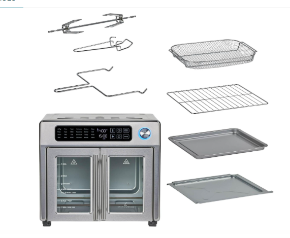 emeril lagasse extra large french door air fryer toaster oven combo, 24 cooking functions and digital controls, 7 accessories included, stainless steel finish, 26qt capacity45