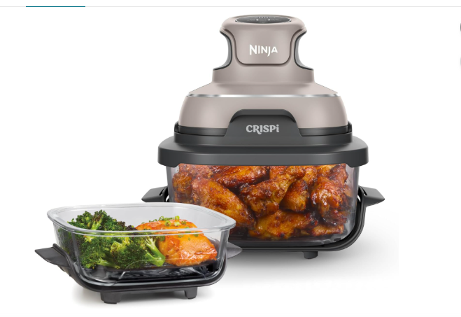 ninja crispi air fryer, microwave, freezer & dishwasher safe, non toxic glass portable cooking system, 4 qt & 6 cup glass containers with storage lids, easy meals, air fry, bake, stone, fn101st,