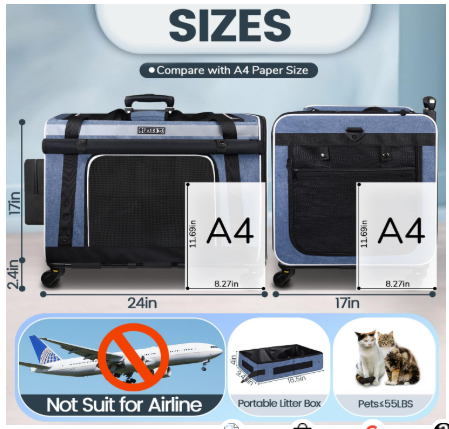 petskd extra large cat carrier with wheels and litter box, 24x17x17 rolling soft carrie