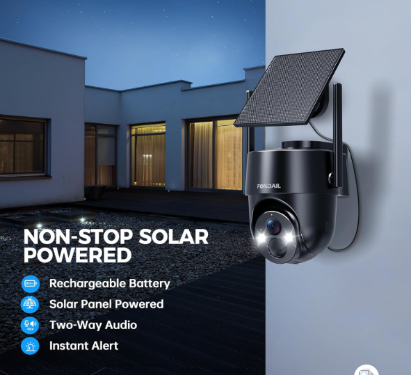 “FONDAIL Solar Security Camera Wireless Outdoor with solar panel, 2K resolution, 360-degree rotation, WiFi support, and night vision lights.”
