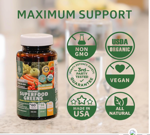 usda organic superfood greens [28 powerful ingredients] natural super greens capsules, fruit and veggie supplement with alfalfa, beet root and ginger to...