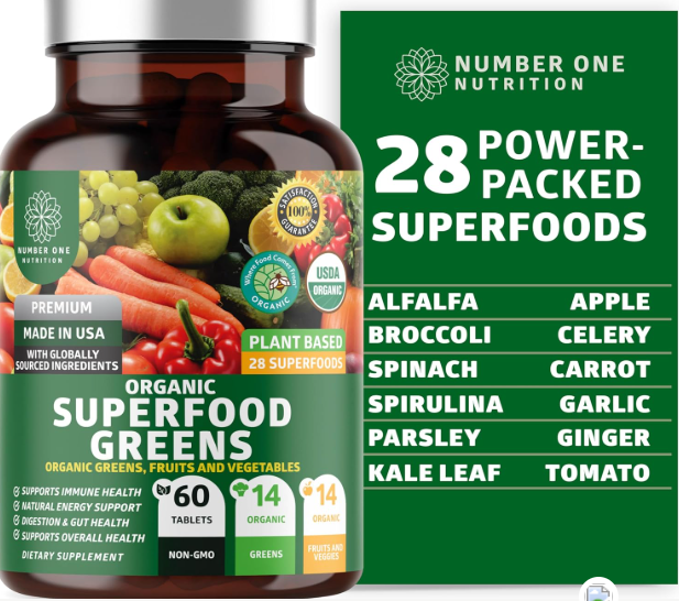 "Organic Superfood Greens Capsules with Alfalfa, Beet Root, Ginger and 28 natural ingredients for energy and immune support"