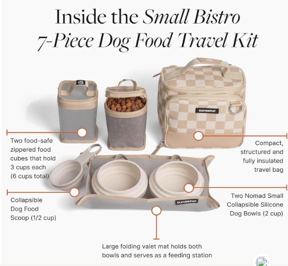 cleaverpup, small 7 piece bistro box dog food travel kit 6 cup kibble storage 2 silicon bowels