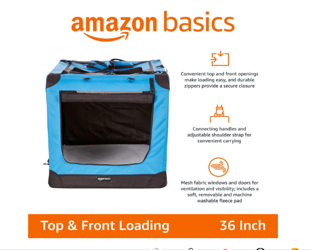 amazon basics folding portable soft pet dog crate carrier kennel, 36 x 24 x 24 inches, blue 2