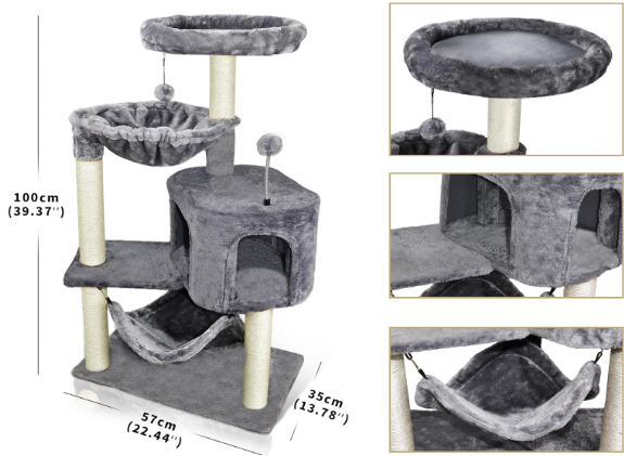 yunique cat tree with cat condo and big hammock, grey 2