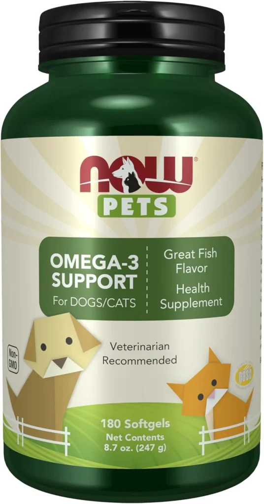 "NOW Pet Health Omega-3 Supplement for cats and dogs, NASC certified fish oil softgels for skin, coat, and joint health"