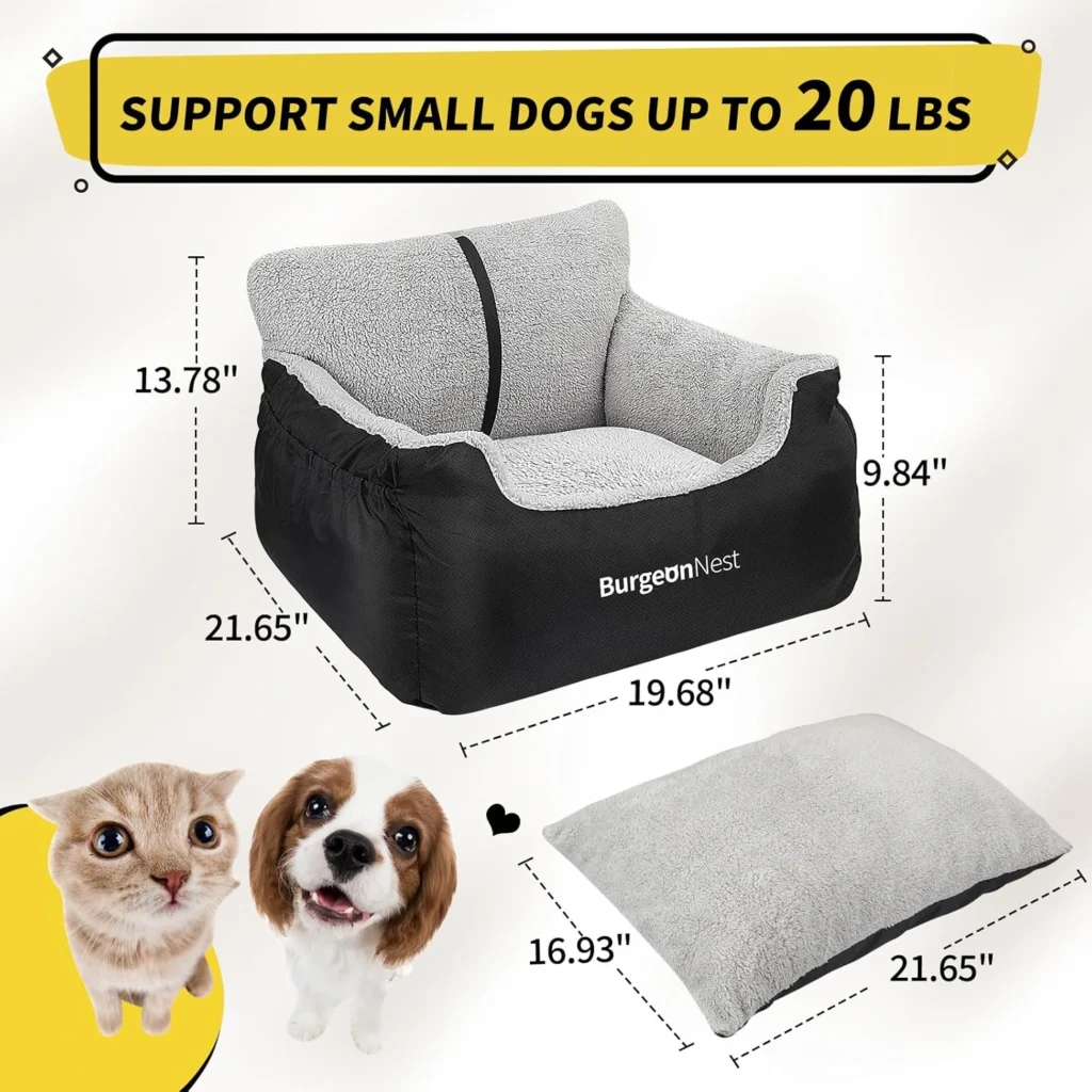 Luxury Washable Dog Car Seat & Travel Bed (Under 25 lbs) with Storage: burgeonnest dog care seat for small dogs, soft pet car travel home 1