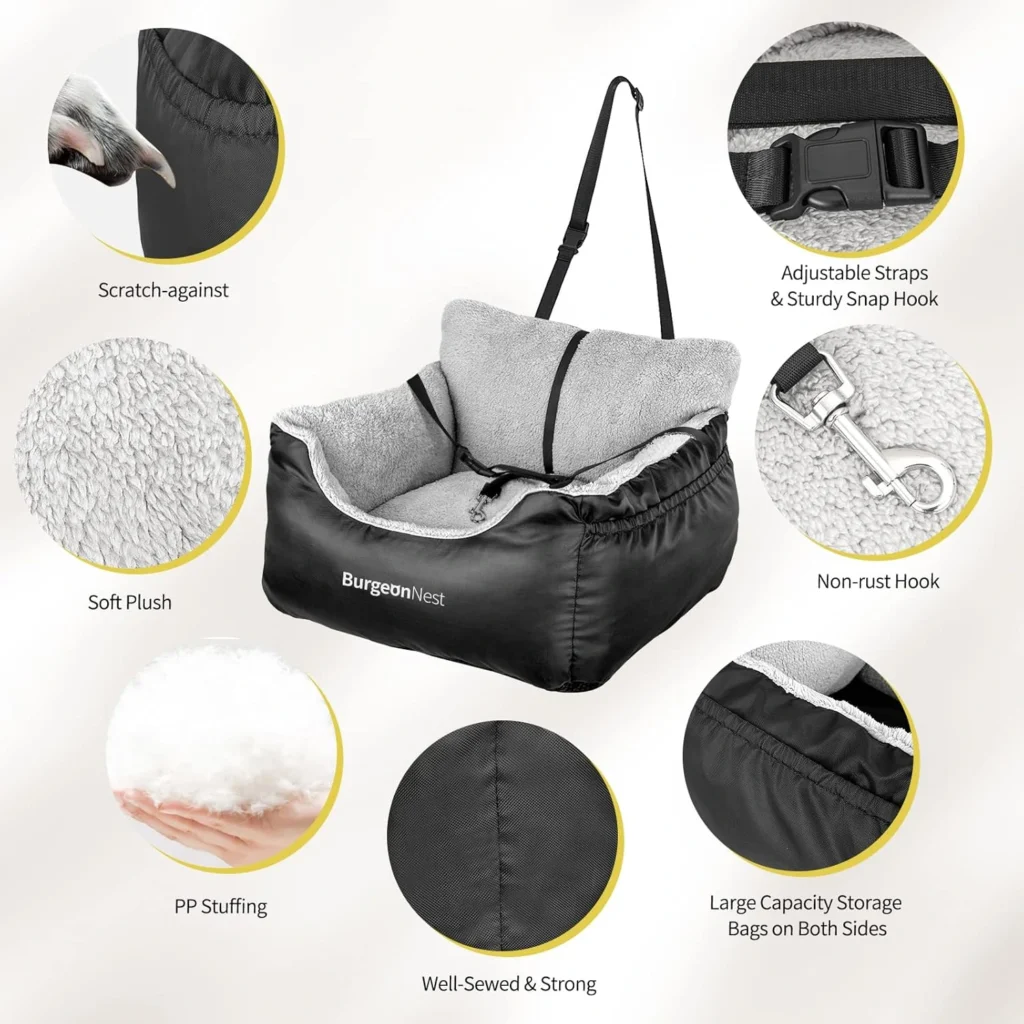Luxury Washable Dog Car Seat & Travel Bed (Under 25 lbs) with Storage: burgeonnest dog care seat for small dogs, soft pet car travel home 2