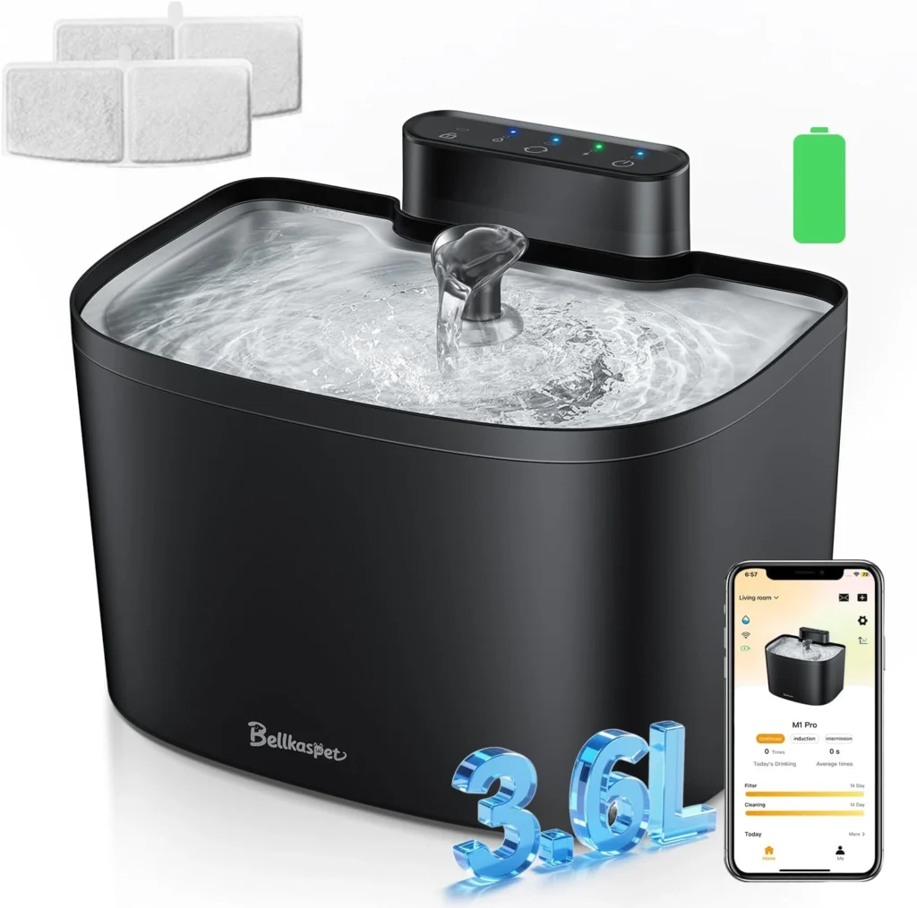 “Wireless cat water fountain with app control and stainless steel tray”