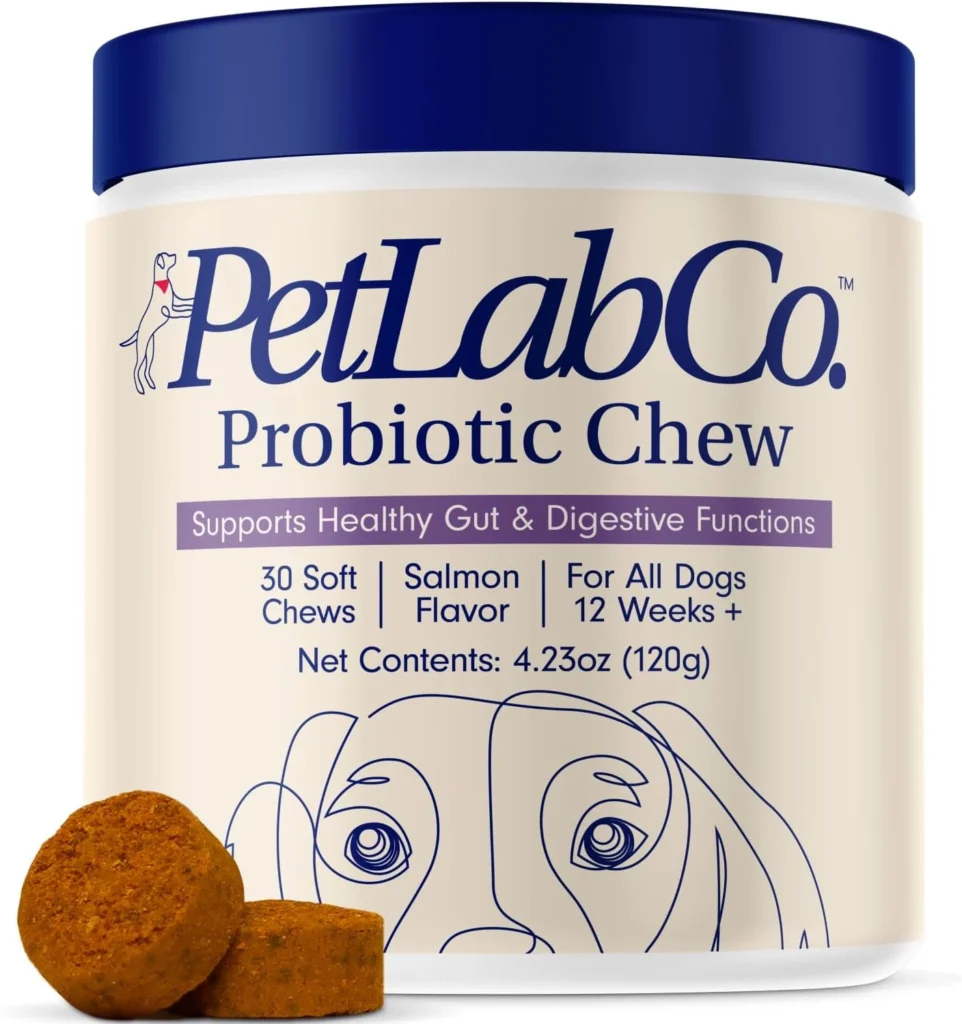 PetLab Co. Probiotic Chews for Dogs soft chews salmon flavor – digestive health and gut support supplement jar.