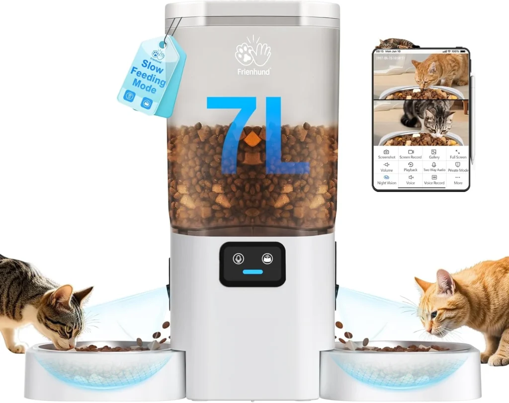 “Automatic pet feeder with dual HD cameras, 7L capacity, WiFi control and night vision for two cats.”
