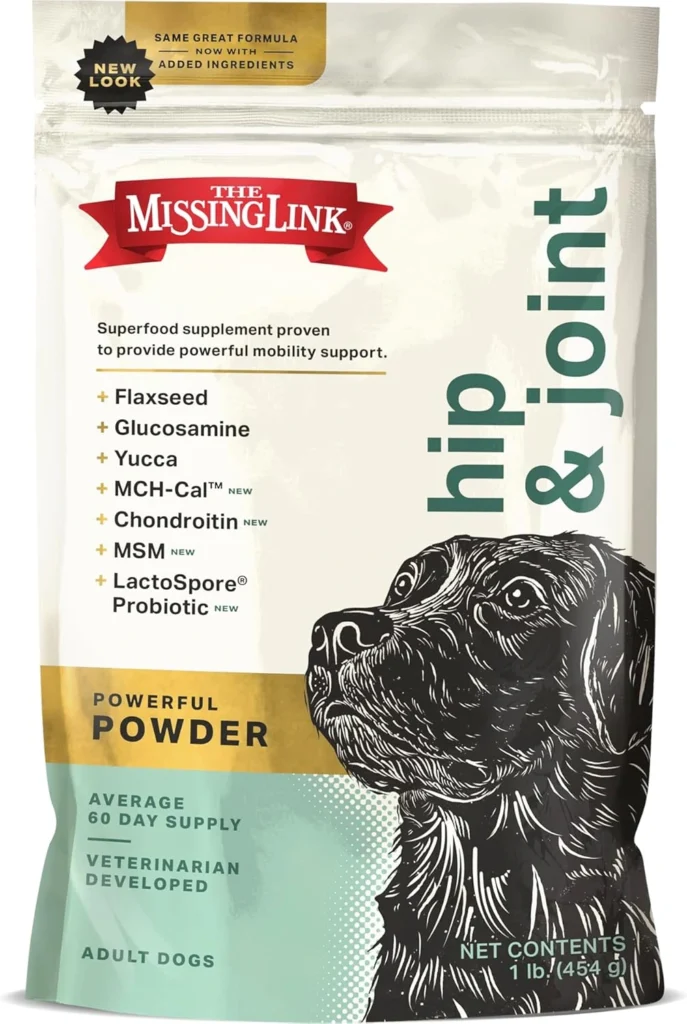 The Missing Link Hip & Joint + Probiotics Supplement 1 lb Bag is a dog superfood powder for dog joint health, cartilage strength, mobility and digestion.